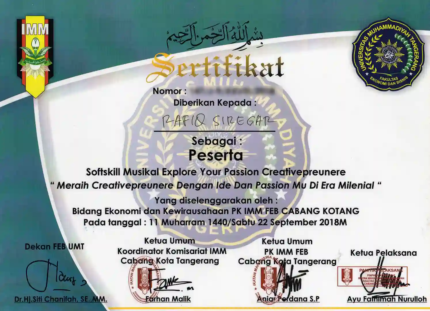 Sertifikat Seminar Softskill Musikal Explore Your Passion Creativepreunere