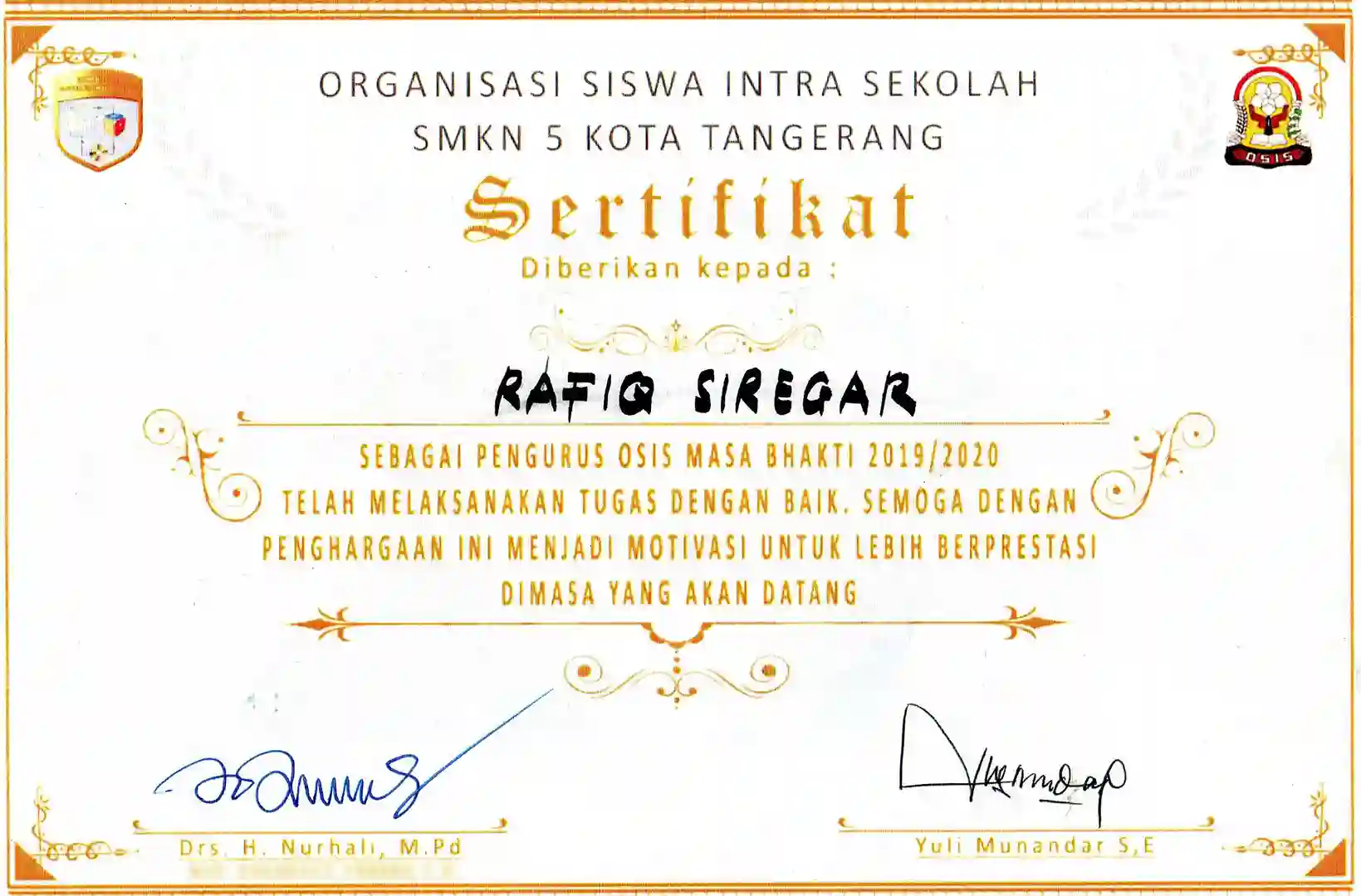 Sertifikat OSIS Smkn 5 Kota Tangerang