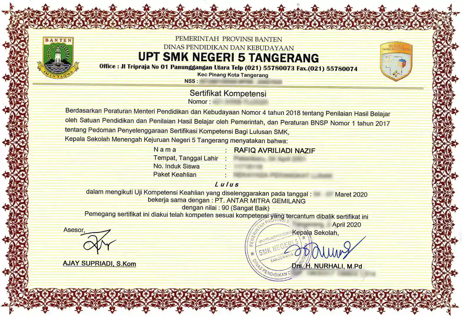 Sertifikat UKK SMKN 5 Kota Tangerang