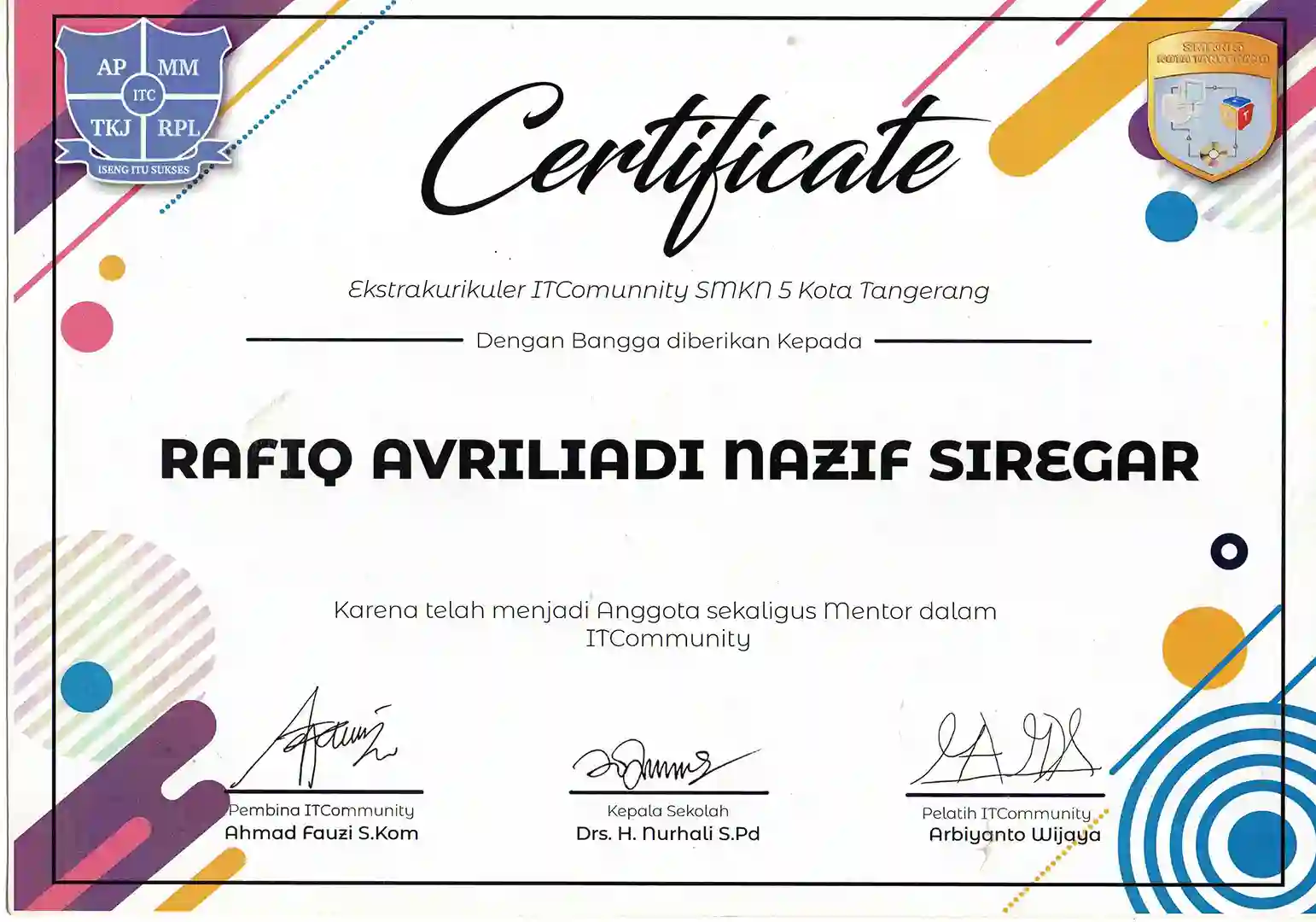 Sertifikat Anggota ITC SMKN 5 Kotang